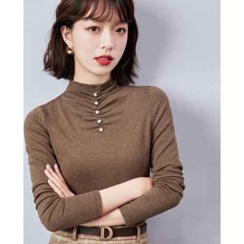 Thin Plush half high collar Pearl bottoming elastic force T-shirt womens autumn / winter large thermal top long sleeve T-shirt