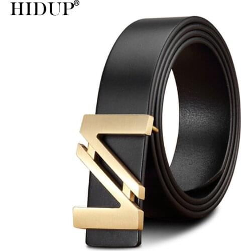 HIDUP Top Quality Design Cowhide Belt Double V Letter Slide Buckle Brass Metal Style Belts Men Novelty Styles 33mm Width NWJ1040