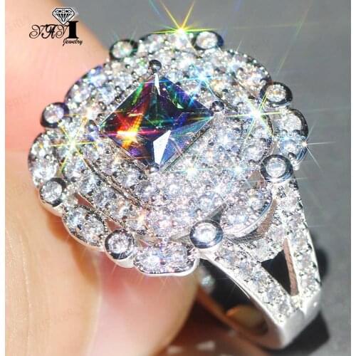 YaYI Jewelry Fashion Princess Cut Prong Setting Multi Cubic Zirconia Silver Color Engagement Wedding Party Leaves Gift Rings