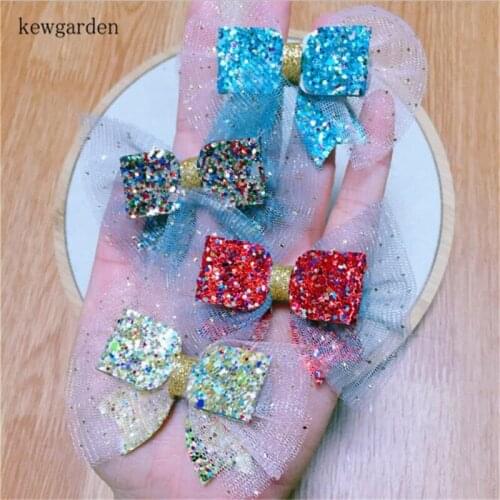 Kewgarden 7*6CM Sequin Gauze Bowknot Handmade Baby Girl Hairpin Hairbow Headband Accessories Material DIY Craft Supplies 5 Pcs