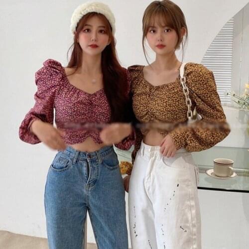 Floral Print Square Collar Blouses Women Long Sleeves Navel Exposed Short Shirts Sexy Puff Sleeve Blouses Shirt Tops