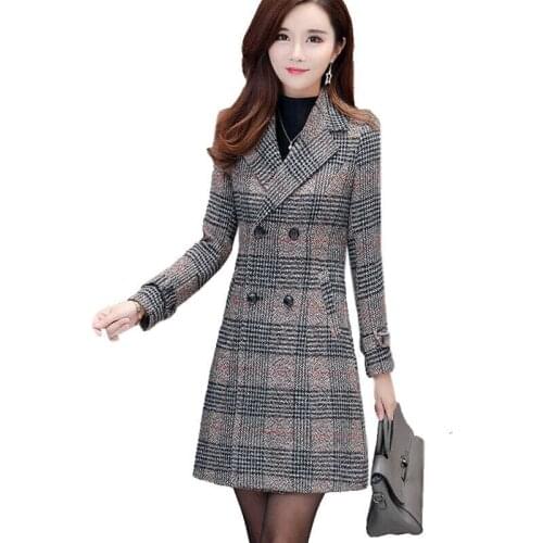 Winter Women Wool Blends Casual Jacket Plaid Trench Coat Elegant Slim Thick Outerwear Cardigan Female Cashmere Overcoat 2021 New