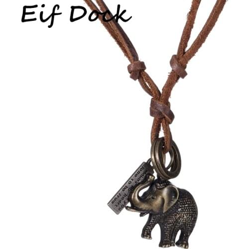 Eif Dock Vintage Elephant Leather Necklace for Women Men Adjustable Rope Chain Long Necklace & Pendants Alloy Jewelry