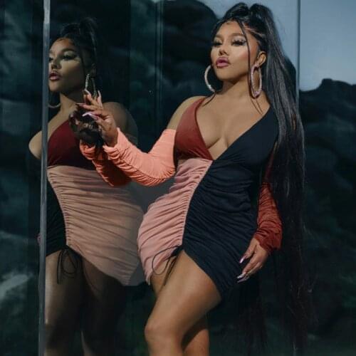 Sibybo Women Patchwork Bodycon Dress Summer V Neck Backless Sexy Mini Party Dress Female Long Sleeve Ruched Club Party Vestidos