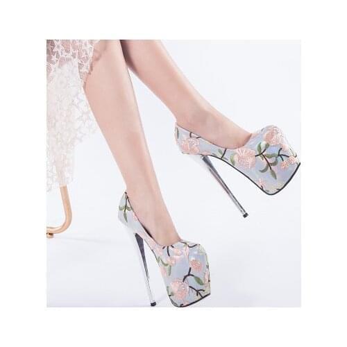2019 Autumn Stiletto Pumps Women Shoes Autumn Platform Women Pumps High Heels 19CM Shoes Shallow Flowers OL Female Party Shoes