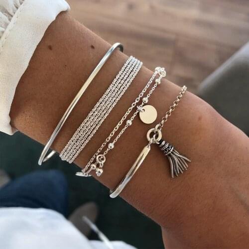 4pcs Boho Silver Color Chain Bracelets Set for Women Vintage Tassel Multilayer Charm Bracelets Bangles Fashion Jewelry