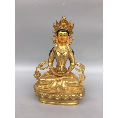 8" Tibet Buddhism Old Bronze Gilt Tracing Cinnabar Longevity Buddha Statue Immortal Life Wisdom Tathagata Sitting Buddha
