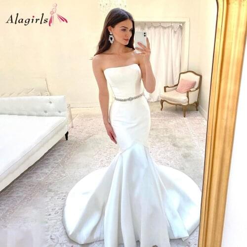 Alagirls White Wedding Dress Mermaid Strapless Simple Bridal Dresses 2020 Crystal Belt Wedding Party Gowns vestidos de noiva