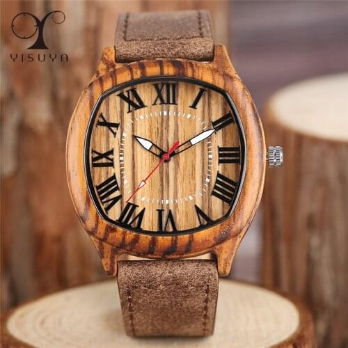 YISUYA Bamboo Wooden Watches Mens Creative Wood Wristwatch Analog Quartz Leather Vintage Roman Numerals Fashion Business Clock