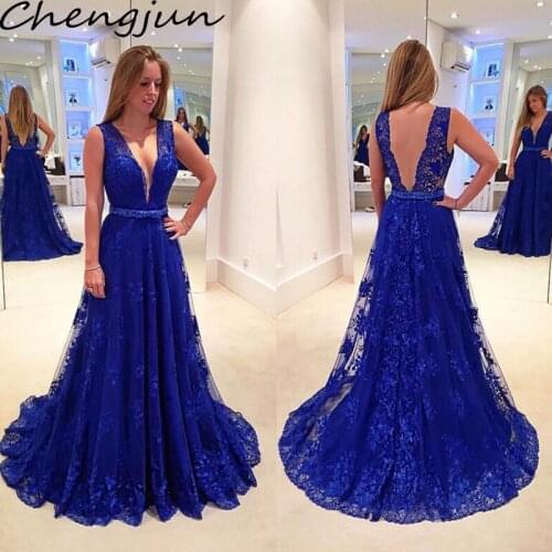 Chengjun Old Fashion Backless V-Neck Royal Blue Elegant A-Line Long Lace Prom Dress