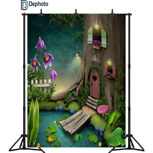 DePhoto Fairytale Big Tree House Lamps Baby Photography Backdrops birthday Customizable Photo Backgrounds Props For Photo Studio