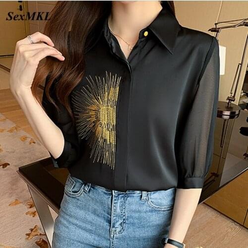 Elegant Black Summer Blouses Womens 2021 New Fashion Half Sleeve Sexy Office Ladies Tops Embroidery Korean Sexy y2k Silk Blusas