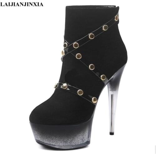 LAIJIANJINXIA New Dance Boots 15 cm High Heels Suede Rivets Fashion Women Boots Sexy Ankle Boots Party Model Pole Dancing Shoes