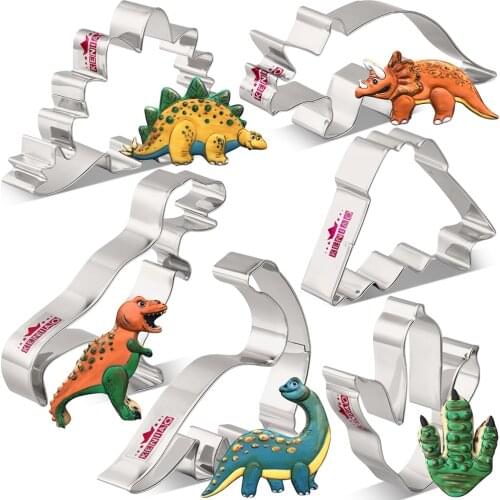 KENIAO Dinosaur Cookie Cutter Set for Kids - 6 PC - T-Rex, Brontosaurus, Triceratops, Stegosaurus,Volcano - Stainless Steel