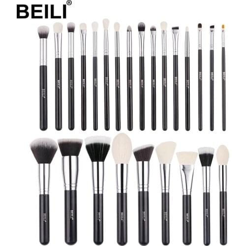 BEILI 25 pieces Complete Professional Makeup Brushes Set Eye shadow Foundation Powder Natural goat Synthetic hair Black