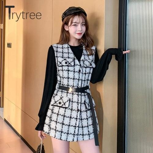 Trytree 2020 Autumn Winter Women two piece Set Casual Belt Plaid Long Vest + Base Knitted Sweater Office Lady Set 2 Piece Set