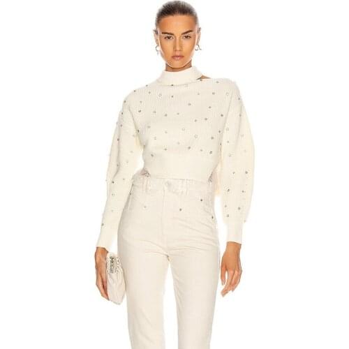 Sexy Lace Knited Cropped 2021 Runway Hollow Out Cold Shoulder Crystal Beaded Pullover Short Sweater christmas jersey