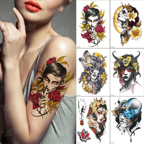 Tattoo wolf tribal mask girl 6pcs/lot waterproof temporary wolf tattoos moon rose sleeve tattoos for women sexy body sticker