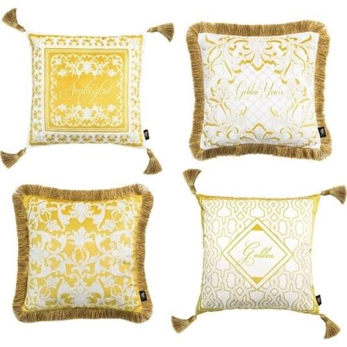 European Classic Puff Jacquard Decorative Pillow Cover Velvet Tassel Cushion Cover Throw Pillow Case Golden 2pcs/pack 45x45cm
