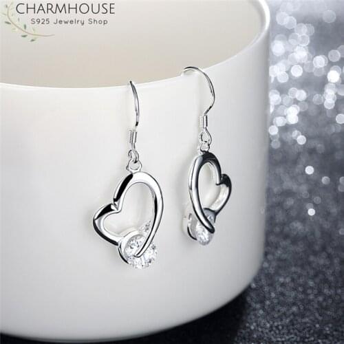 Charmhouse 925 Silver Earrings for Women Heart Zirconia Dangle Earing Brincos Pendientes Fashion Jewelry Accessories Party Gifts