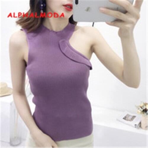 ALPHALMODA Chic Women Oblique shoulder Pullovers Knitted Sleeveless Summer Thin Jumpers Slim Fit Casual Knitted Camis Tank Top