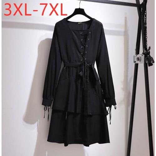 New 2021 Ladies Spring Autumn Plus Size Midi Dress For Women Large Long Sleeve Loose Ruffle Black Belt Dress 3XL 4XL 5XL 6XL 7XL