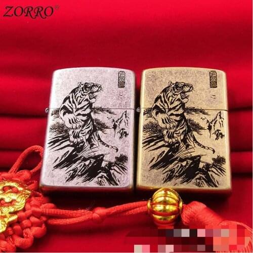 Zorro Genuine Retro Silver Pure Copper Engraved Wheel "Upholstery Tiger" Kerosene Lighter