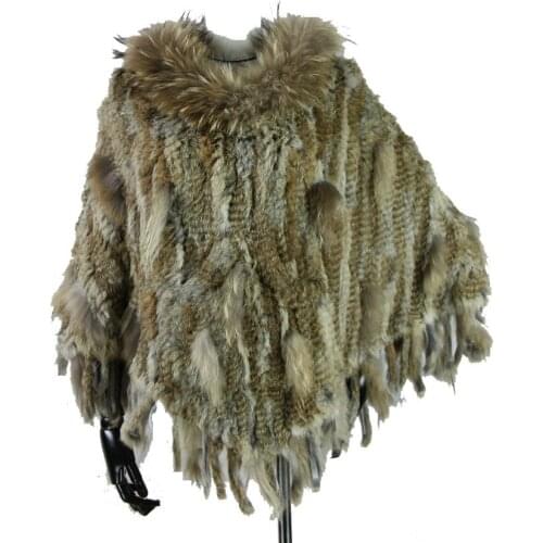 2021 new best quality Real Knitted Rabbit Fur Poncho raccoon fur trimming rabbit fur Shawl with Tassels and pocket Wrap women