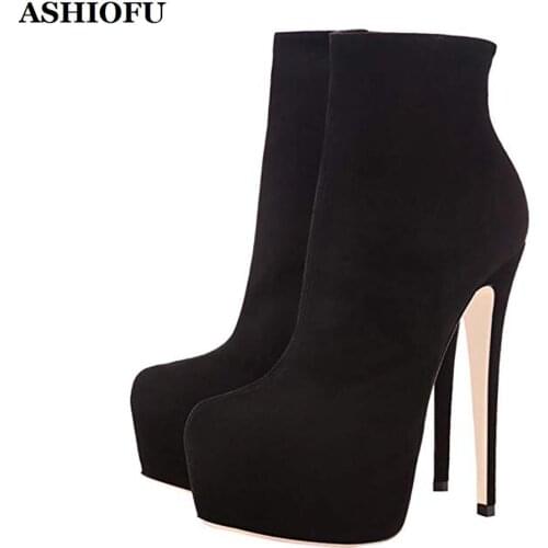 ASHIOFU Handmade New Ladies High Heel Boots Round-toe Platform Ankle Booties Sexy Club Evening Fashion Short Boots Shoes
