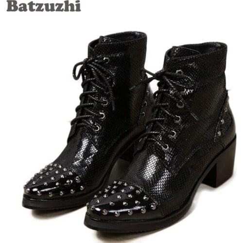 Batzuzhi 6.8CM Heels Black Men Boots Genuine Leather Fashion Mens Oxfords Boots Round Toe Rivets Square High Heels Men Boots