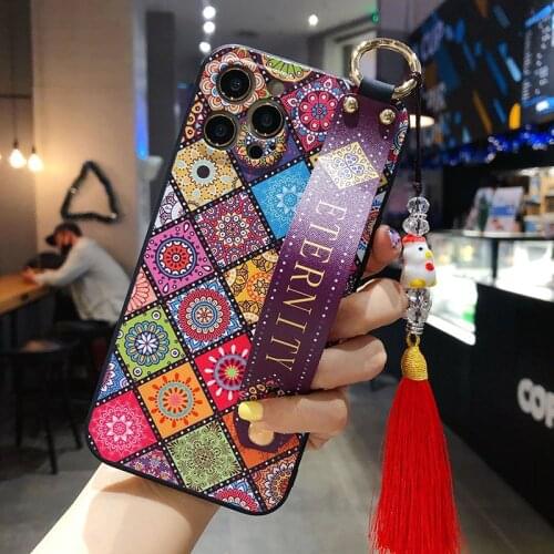 Sumkeymi Grid Wrist Strap Flower Chinese Cultur Phone Holder Case For iphone 11 12 7 8 Plus mini Pro Max X XS XR Hand Band Case