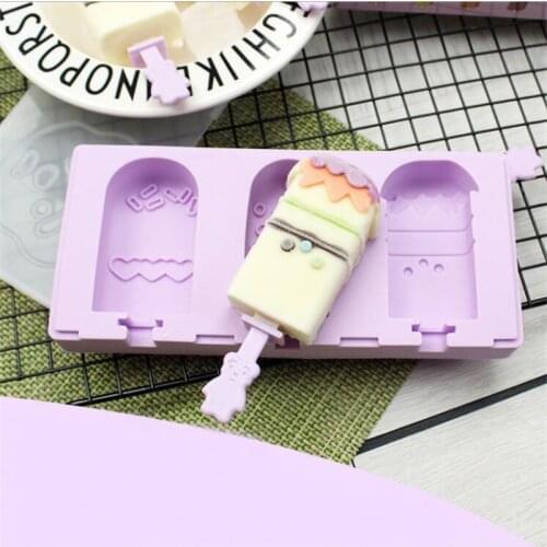 Children Summer Creative 3 Cavity Popsicle Silicone Molds Diy Ice Cream Mold Cube Makers With Popsicle Sticks
