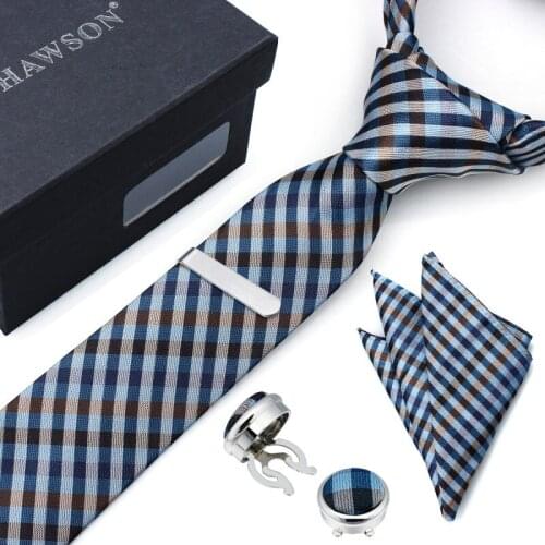 HAWSON Colorful Striped Men Necktie Set with Pocket Square Tie Clip Button Cover CuffLink for Birthday Business Boyfriends Gift