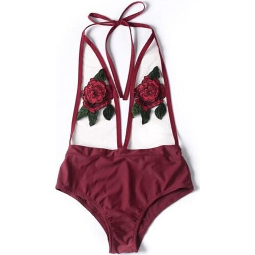 ITFABS Sexy Backless Swimwear Women Rose Embroidery Swimsuit One Piece Swimwear mesh Beachwear Bathing Bodysuit Swimming Wear