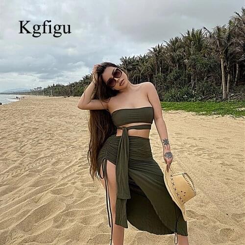 KGFIGU 2021 New Arrival Bandages Fashionable Sleeveless Backless Split Folds Travelling High Quality Women Two Piece Sets