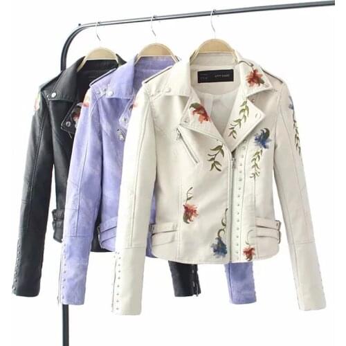 NEW Embroidered Rivet Leather Female Spring New Short Slim Self-cultivation Motorcycle Jacket Wild Thin Embroidery Womens Coat