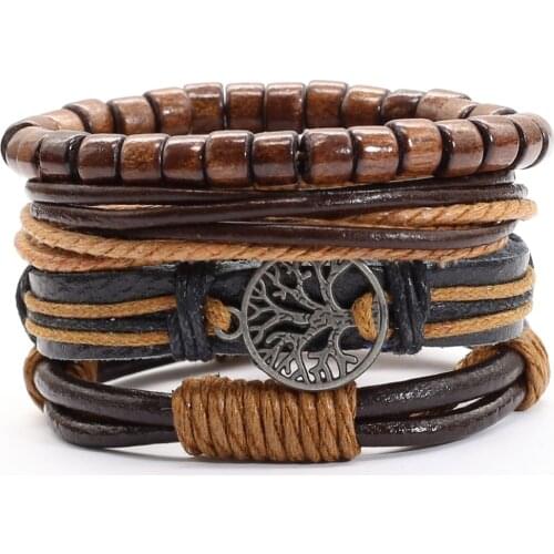 Khaki Brown Handmade Tree New Punk 4 pcs/set Multilayer Wood Beads Charm Leather Bracelets Men Bracelets Women Homme Jewelry
