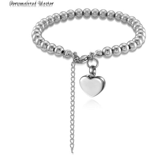 Personalized Master Custom Cremation Urns Bracelet for Ashes Stainless Steel 6mm Bead Love Heart Memorial Bracelets Women Gift