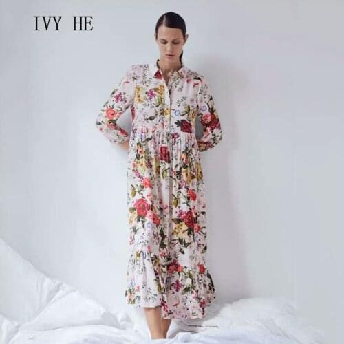 IVY HE European Minority Print Womens Dress Medium Length Versatile Flower Loose Chiffon Breathable Photo Dresses With Belt