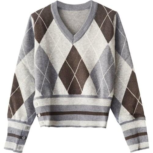 2020 New Style for Autumn and Winter V-neck Gray Rhombus British Style Long-Sleeved Pullover Sweater Womens Sweater