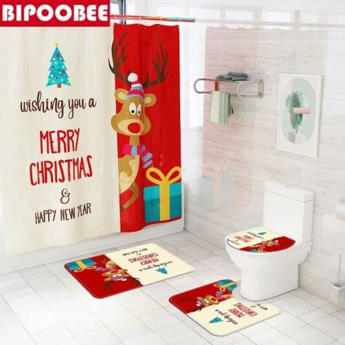 Merry Christmas Bathroom Shower Curtain Set Elk Print Festival Decor Bath Mat Cover Toilet Carpet Bathtub Curtains with Hooks