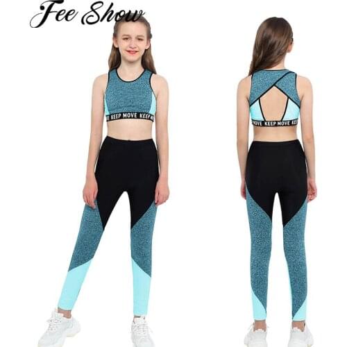 Kids Yoga Tracksuits Clothing Set Girls Workout Fitness Running Sports Suit Sleeveless Hollow Back Sports Top+Leggings Pants Set