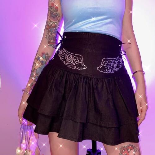 Black Summer Women Short Skirt Cool Babes Bengdi Rhinestone Wings High Waist Mini Skirts Harajuku Casual Fashion Streetwear