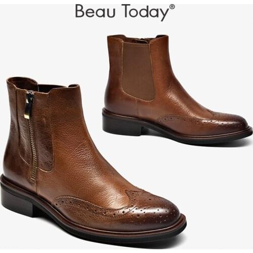 Ankle Boots Women Genuine Cow Leather Brogue Waxing Zip Round Toe Retro Ladies Shoes Flats Autumn Homemade BeauToday 03285