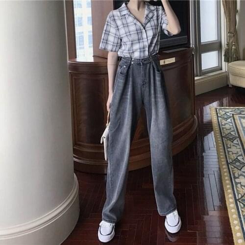 Womens Jeans Denim High Waist Harajuku Female Overalls Streetwear Pants Women Jeans Straight Pachwork Pocket Wide-Leg