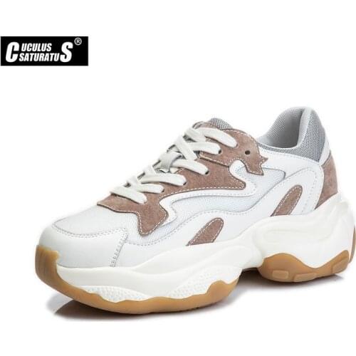 Cowhide Chunky Sneakers Women 2021 Breathable Mesh Thick Sole Platform Sneakers Woman Lace Up Running Casual Shoes