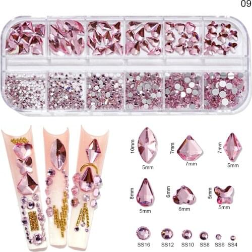 12Grid(Each-1-Shape)Nail Art Crystal Rhinestone,AB/Pink/Red...For Nails/Cloth/Hair...Glass Gem Decorations Nail Supply P406(1-9)