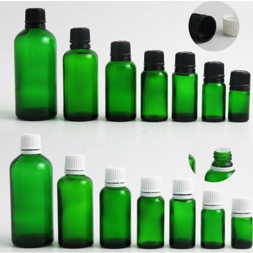 200 x 5ml 10ml 15ml 20ml 50ml 100ml Green Glass Container Bottles With Black White Tamper Evident Cap 1oz Cosmetic Packaging