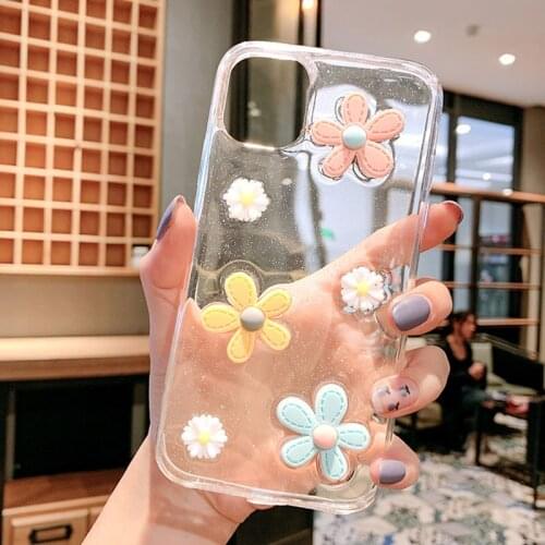Luxury Soft 3D Flowers Glitter Case For Iphone X XR XS 11 12 Mini Pro Max Shockproof Transparent For 8 7 Plus Bling Glitter Case