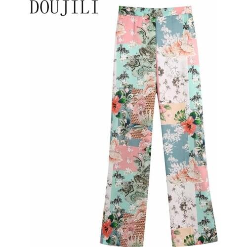 DOUJILI Colorful Flower Pring Long Pants Middle Waist Loose Soft Leg Fashion Women Trousers Casual Wearing